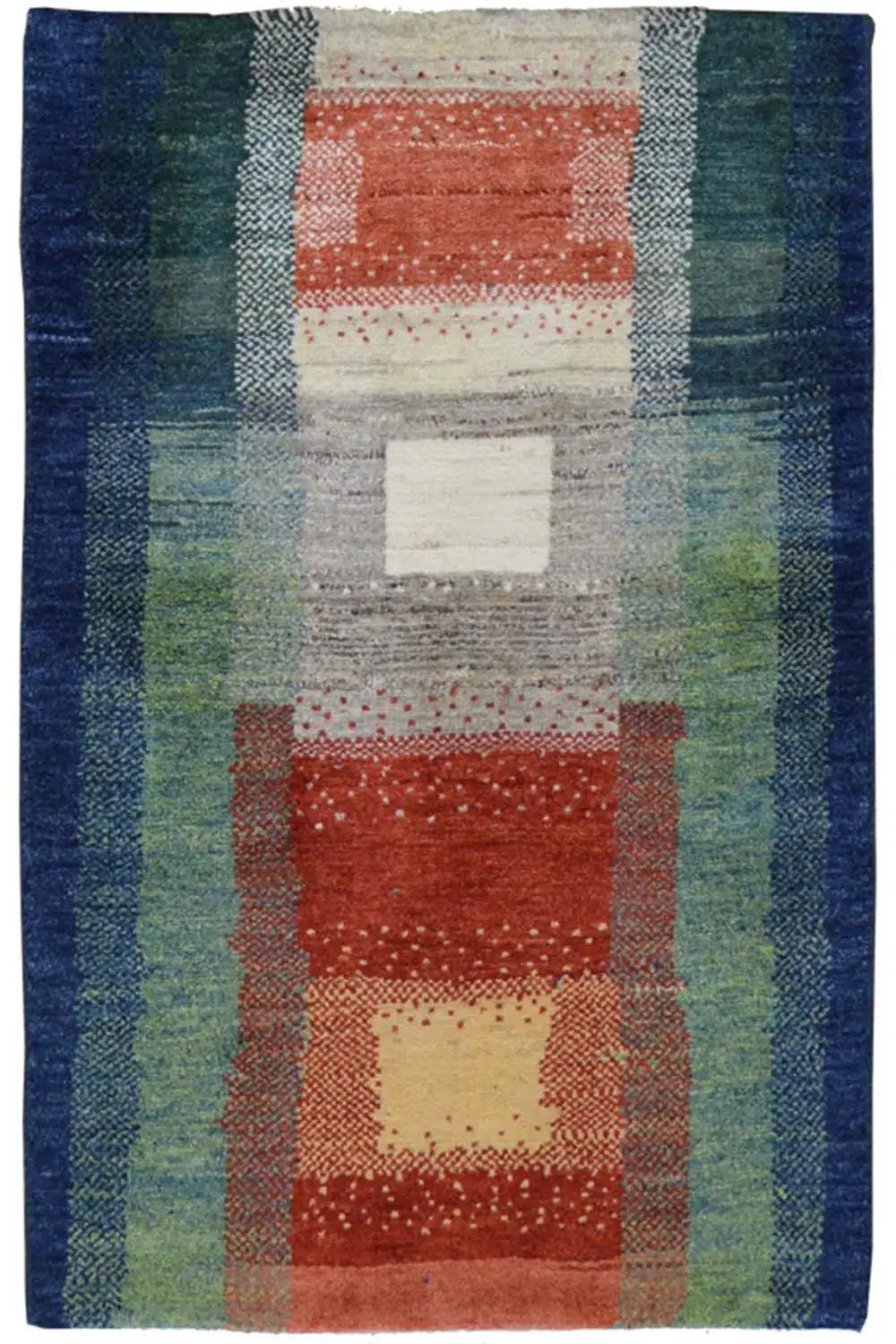 Gabbeh rug with geometric patchwork in blue, green, red, and cream