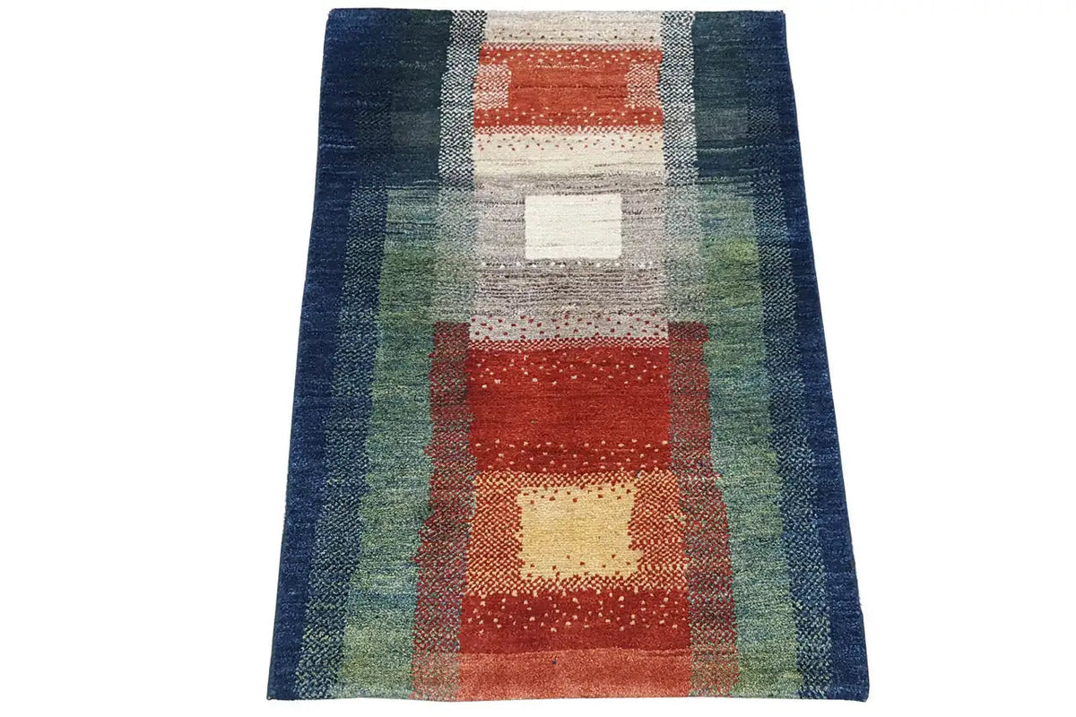 Gabbeh rug, rectangular, pattern with squares in blue, green, red, and cream