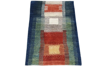 Gabbeh rug, rectangular, pattern with squares in blue, green, red, and cream