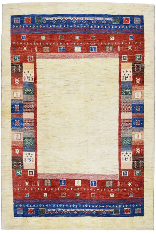 Gabbeh rug with a cream-colored central area and red border, blue-patterned edging