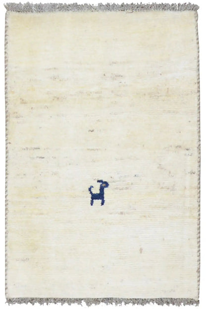 Gabbeh rug 94x64 cm, cream-colored, dark fringes, blue decorative motif
