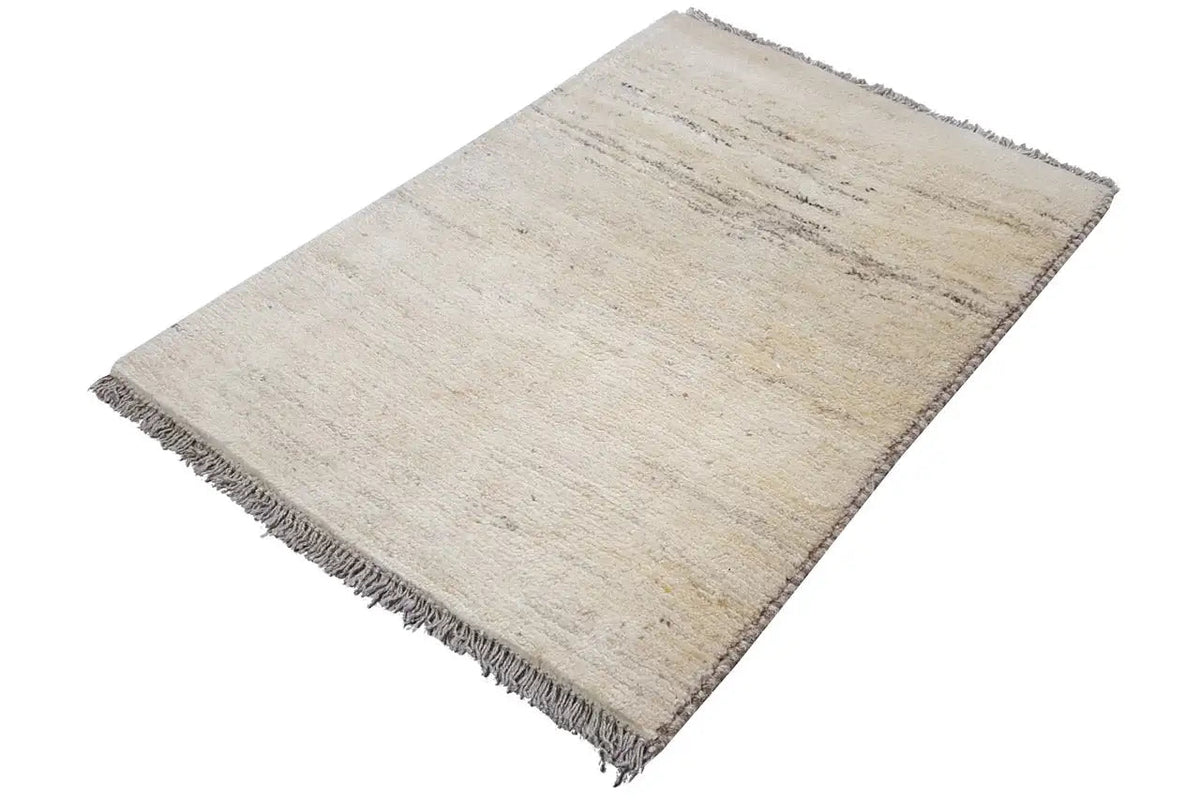 Rug 86x62 cm, beige flatweave with a linear texture, fringed edges