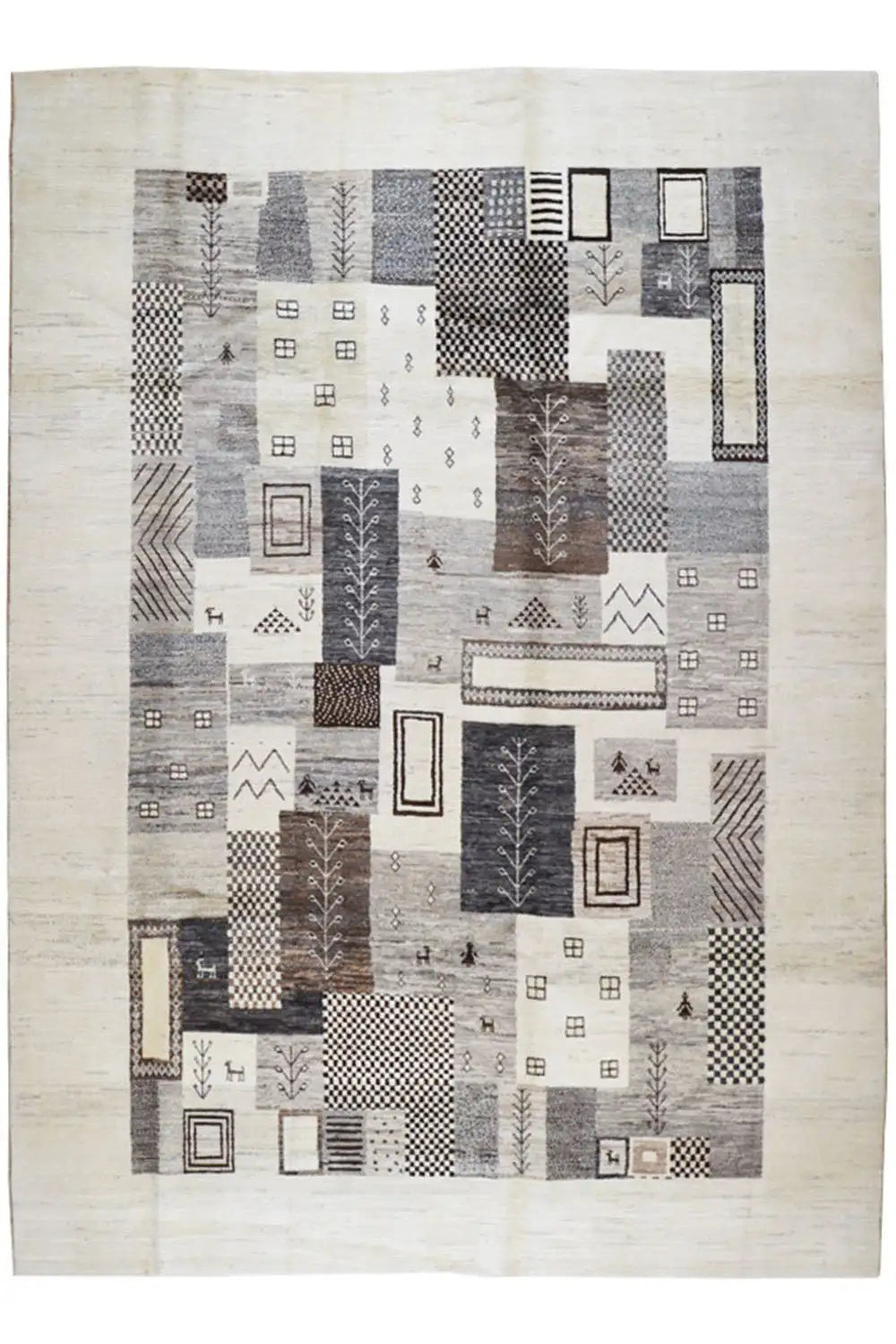 Gabbeh rug 4022: patchwork pattern, light beige/anthracite, approx. 273x203 cm