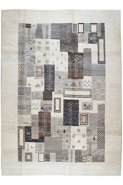 Gabbeh rug 4022: patchwork pattern, light beige/anthracite, approx. 273x203 cm