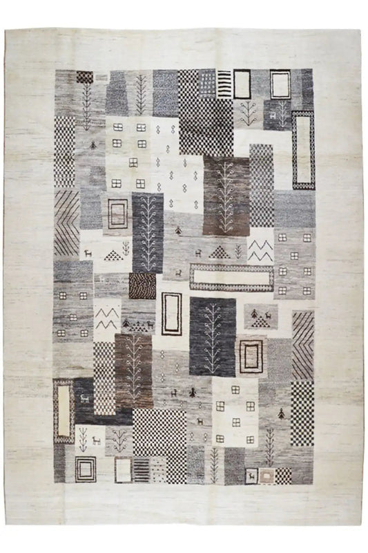 Gabbeh rug 4022: patchwork pattern, light beige/anthracite, approx. 273x203 cm