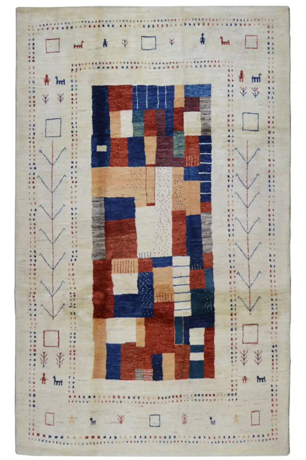 Gabbeh rug 4023 with an abstract pattern in blue, red, and beige on a light background