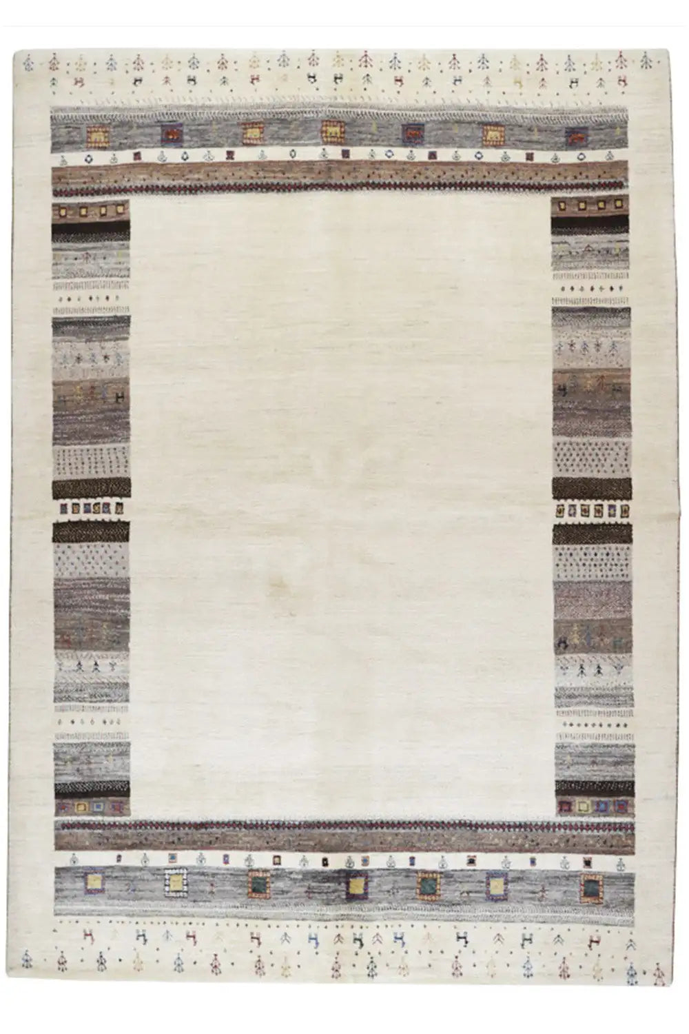 Gabbeh rug with white pile and a multicolored border pattern along the edges