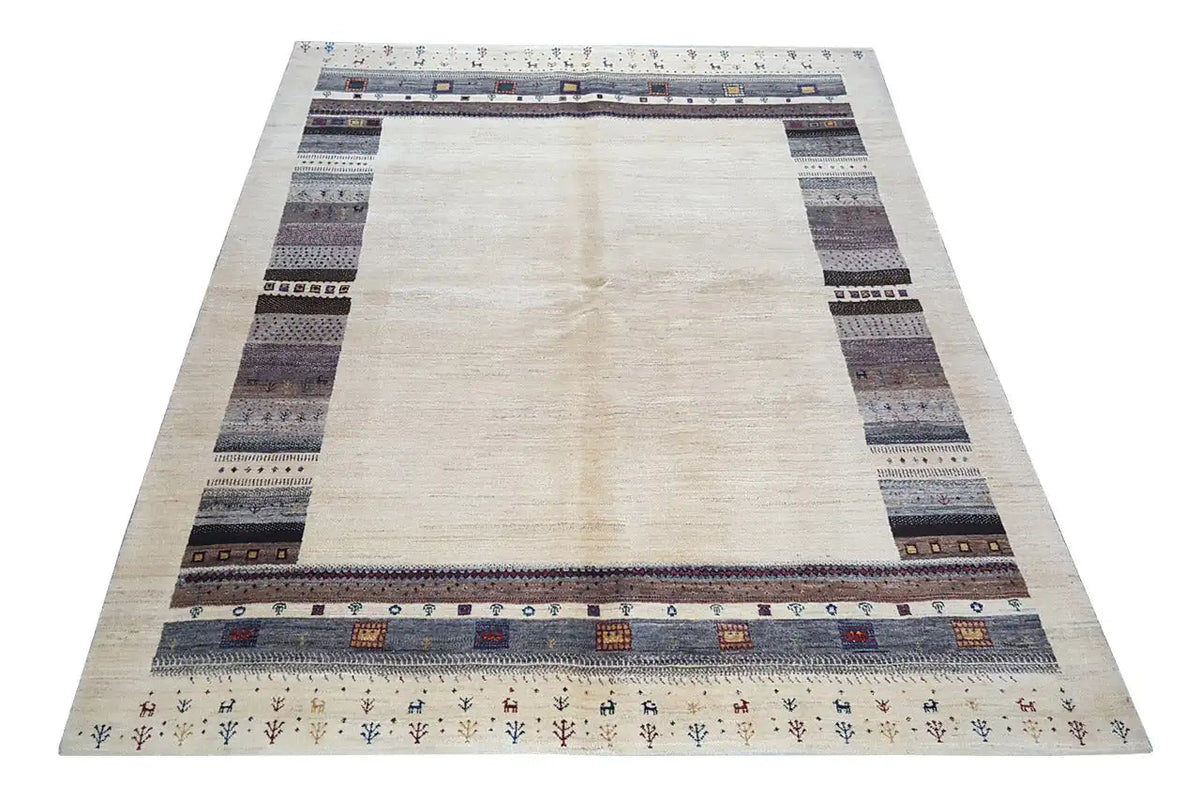 Gabbeh rug with a light center and border stripes in gray, black, and blue