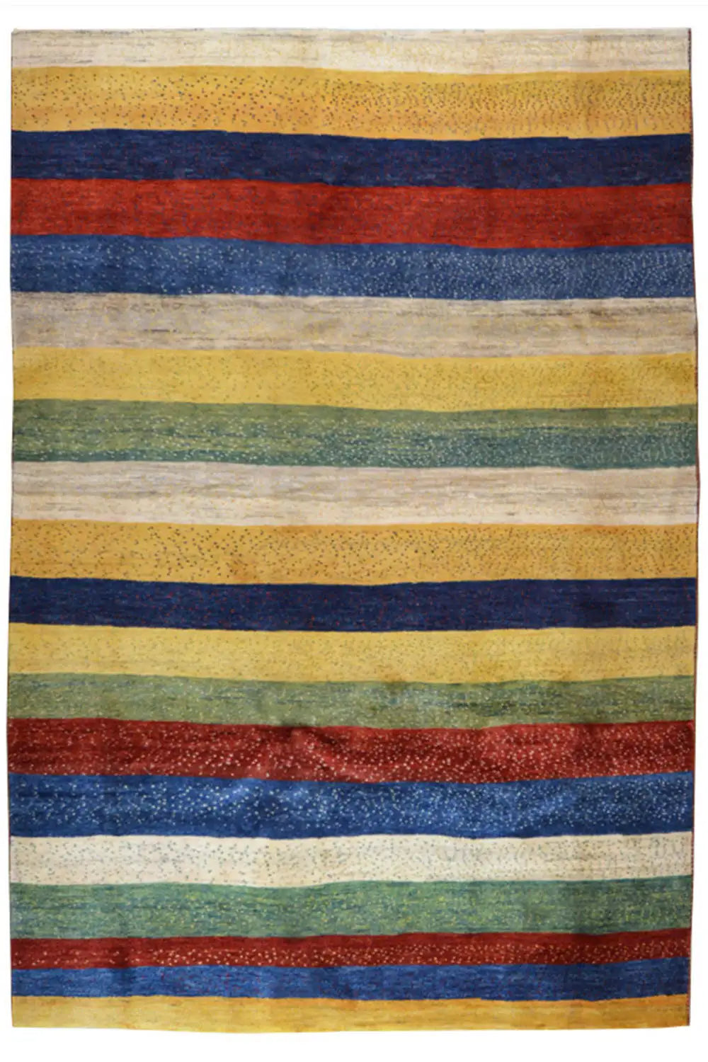 Gabbeh rug with a striped pattern in yellow, blue, red, and green, rectangular