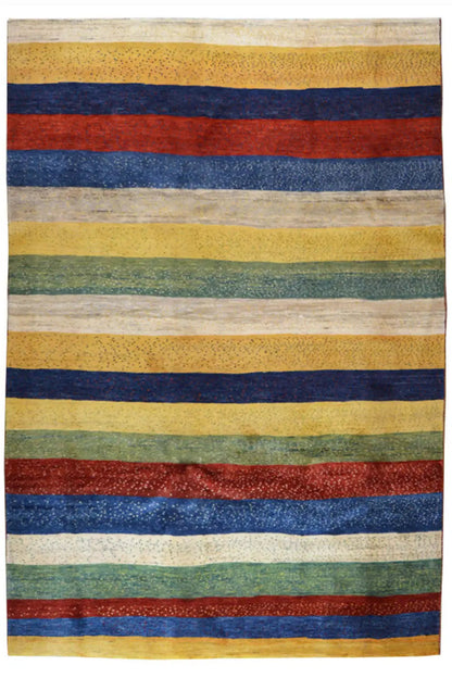 Gabbeh rug with a striped pattern in yellow, blue, red, and green, rectangular