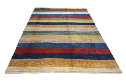 Rectangular Gabbeh rug, striped design in shades of yellow, blue, and red