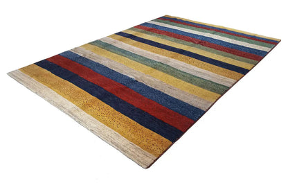 Gabbeh rug with a diagonal-looking striped pattern in blue, red, yellow, and green