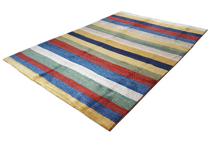 Rectangular rug with colorful stripes in blue, red, beige, and green