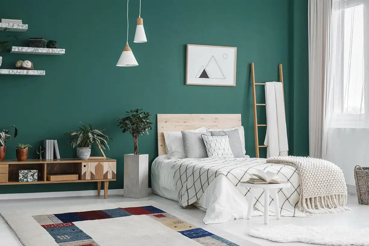 Gabbeh rug in the living room: geometric patchwork under the bed