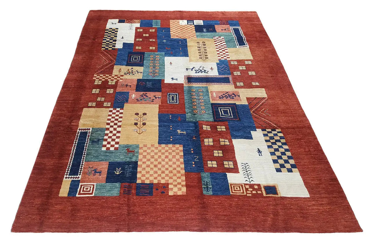 Gabbeh Lori rug (278x182 cm) with a red border, patchwork in blue, cream, and brick tones