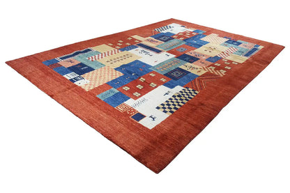 Gabbeh Lori rug (278x182 cm), angled: red background with geometric tiles in blue & cream