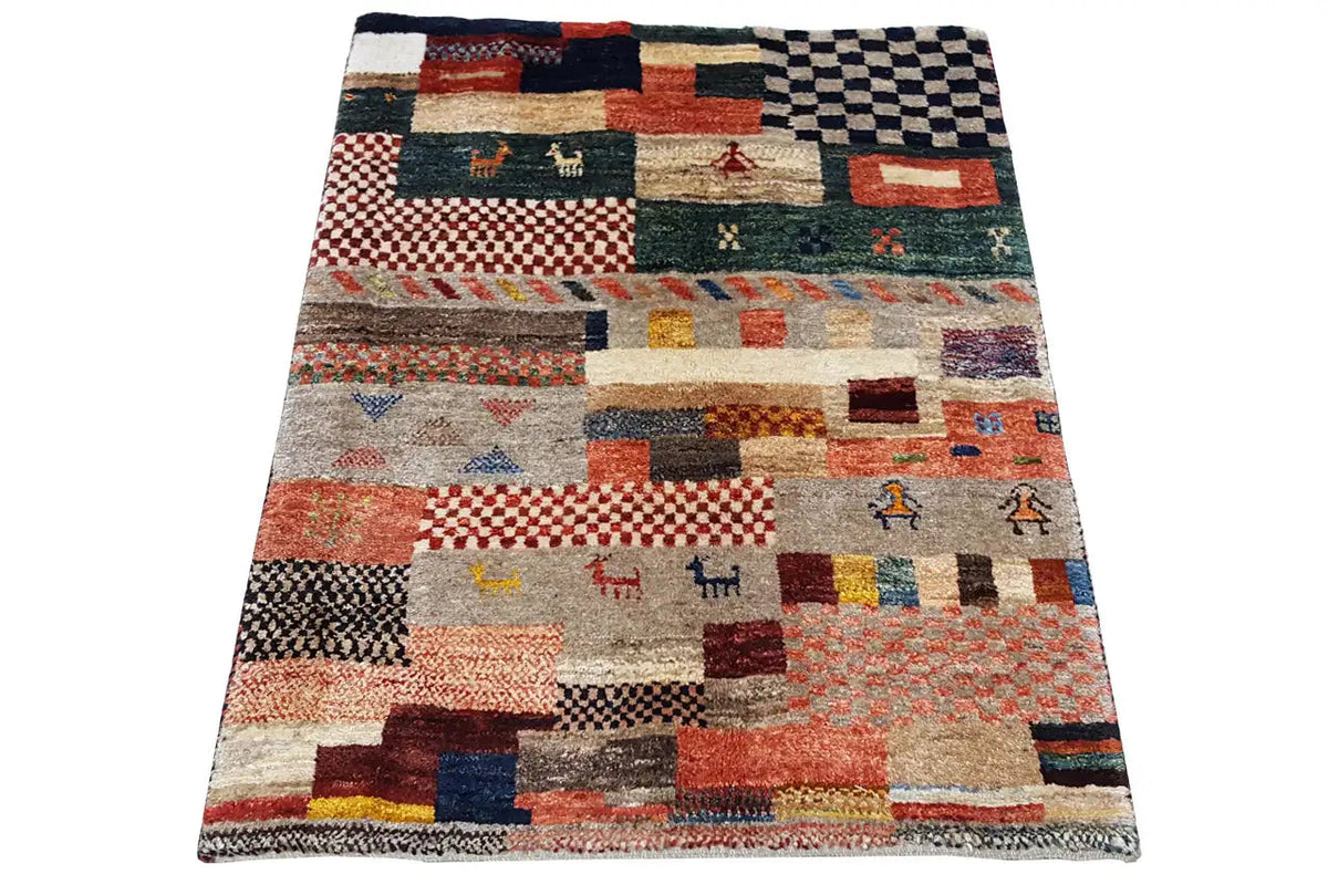 Gabbeh rug 80x58 cm, colorful patchwork design with geometric motifs
