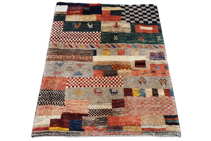 Gabbeh rug 80x58 cm, colorful patchwork design with geometric motifs