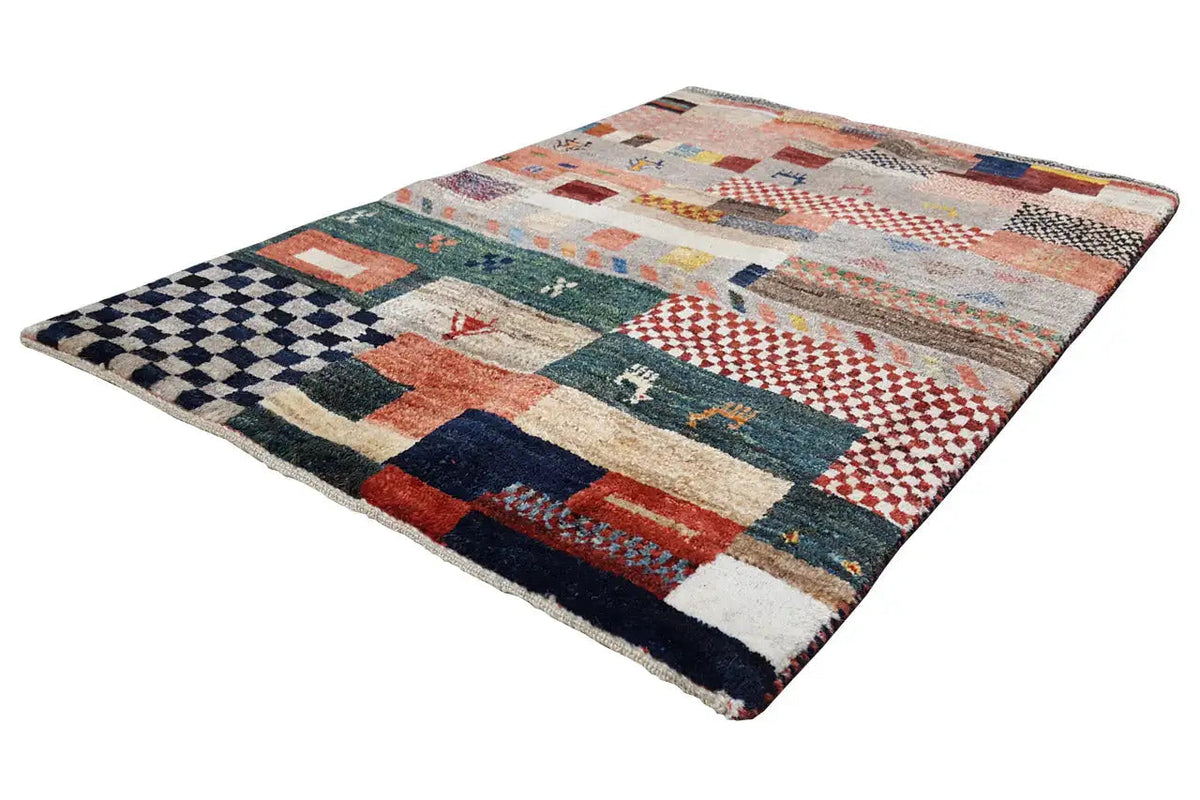 Gabbeh rug 80x58 cm in diagonal view with patchwork and checked border