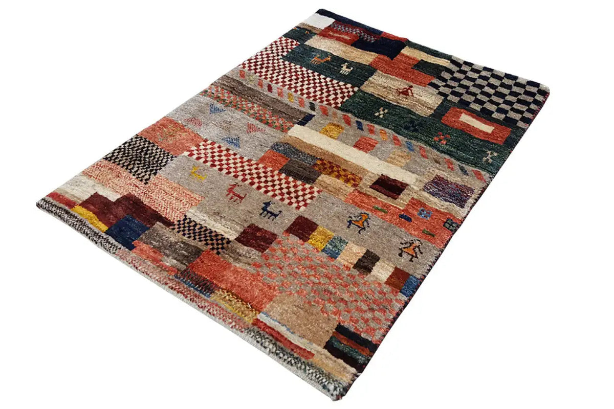 Gabbeh rug 80x58 cm with a multicolored tile pattern and contrasting blocks