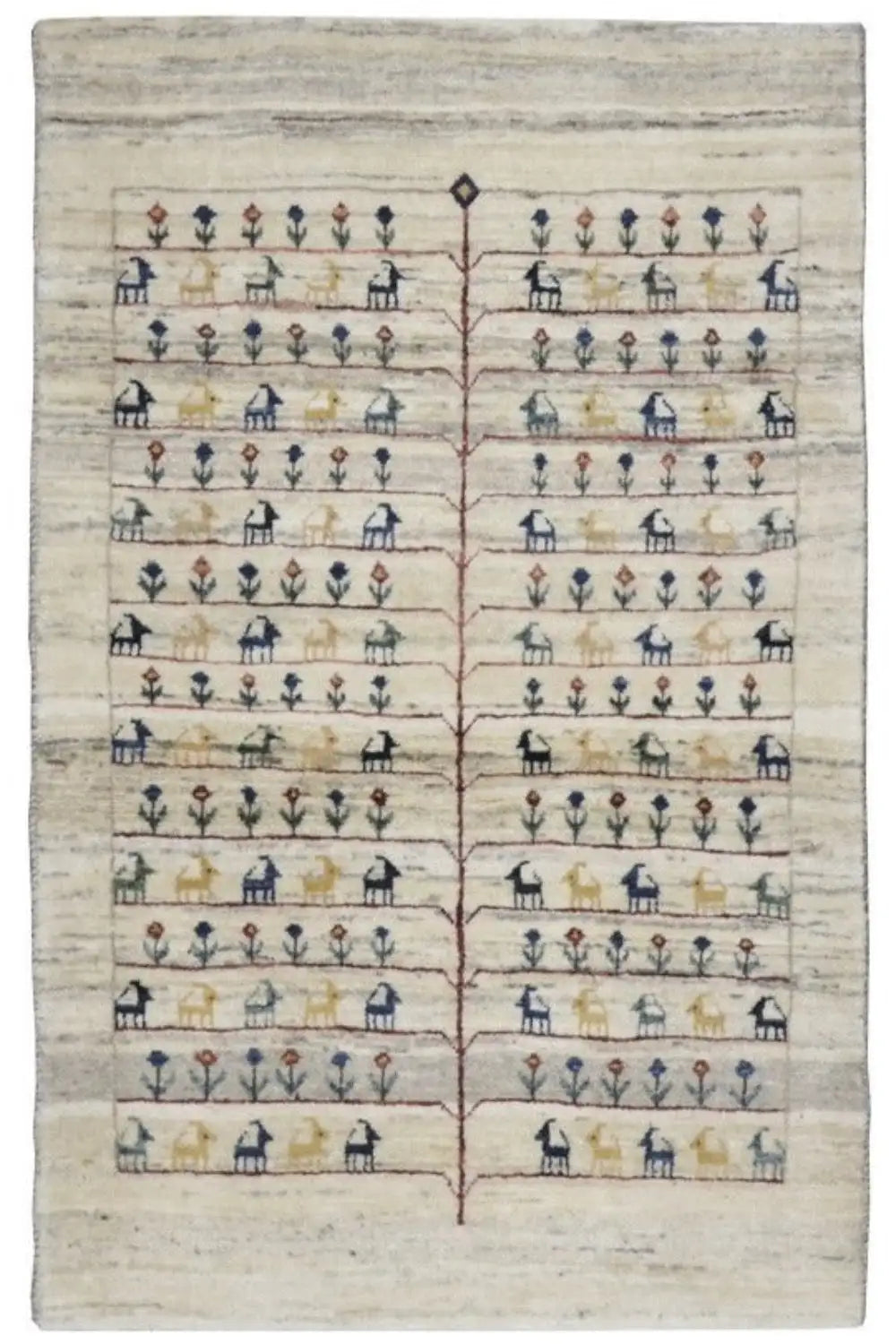 Gabbeh rug, beige background with multicolored row motifs and figures
