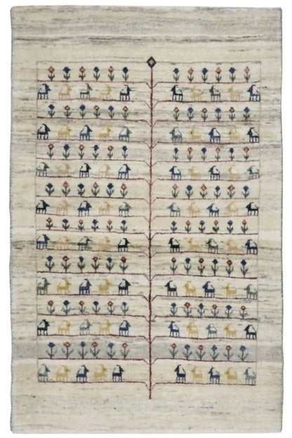 Gabbeh rug, beige background with multicolored row motifs and figures