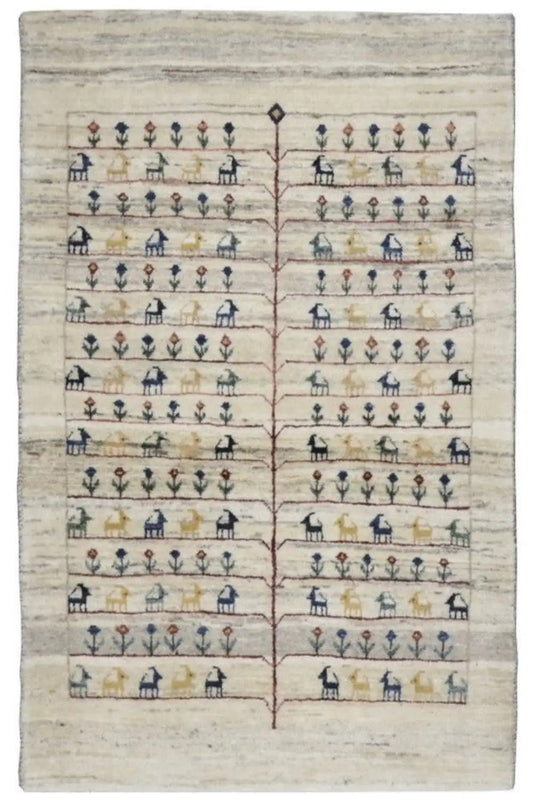 Gabbeh rug, beige background with multicolored row motifs and figures