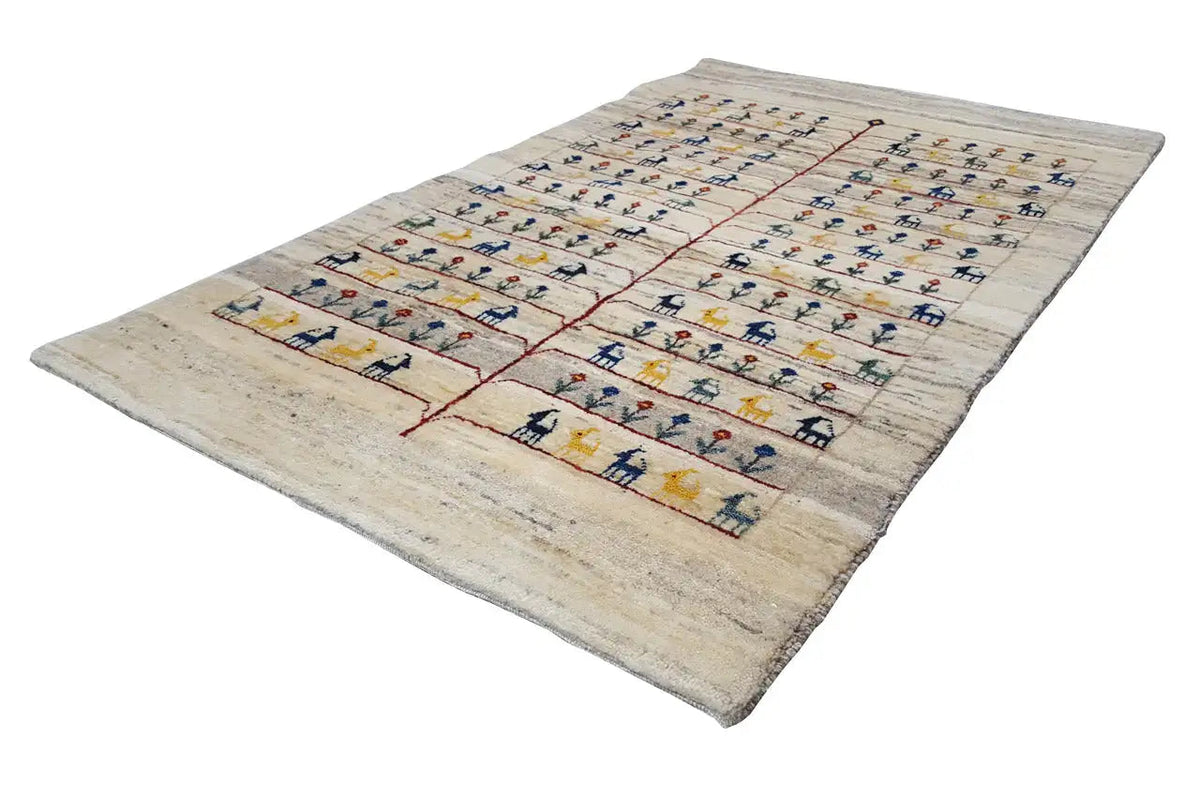 Gabbeh rug with a beige background, red lines, and colorful figurative scenes