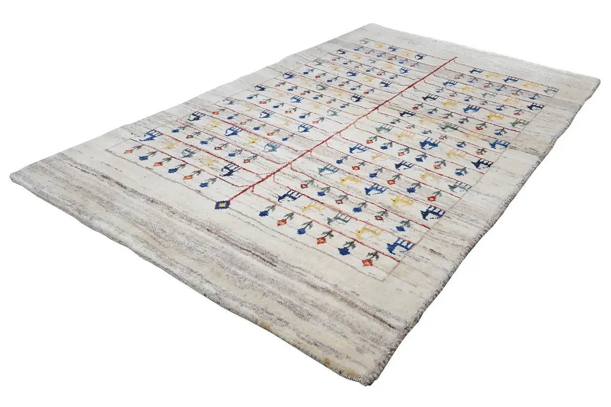 Gabbeh rug with a beige background, red grid, and many small colorful motifs