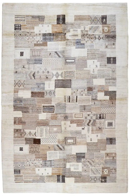 Rug with a Gabbeh patchwork pattern, light beige with brown-gray patterns and fringes