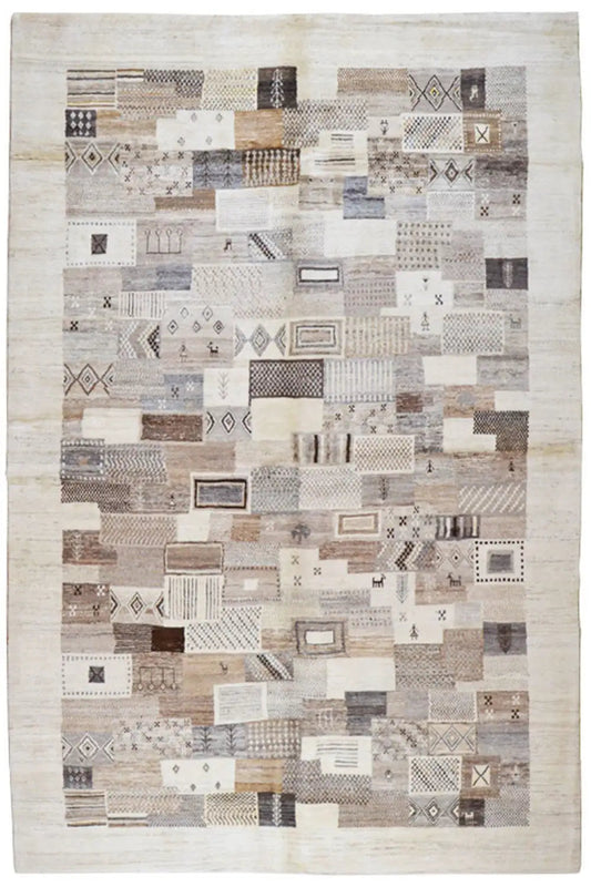 Rug with a Gabbeh patchwork pattern, light beige with brown-gray patterns and fringes