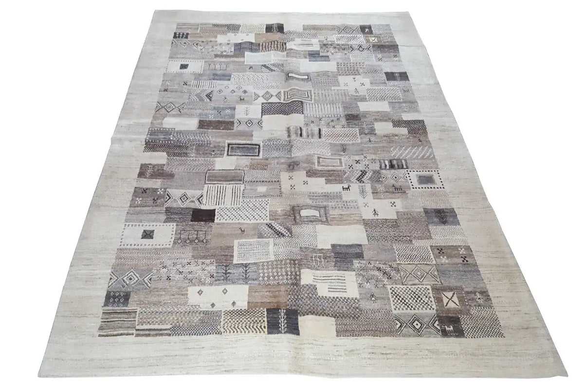 Rectangular rug, light beige patchwork squares with brown and gray elements