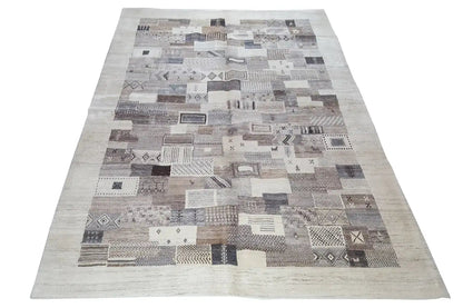 Rectangular rug, light beige patchwork squares with brown and gray elements