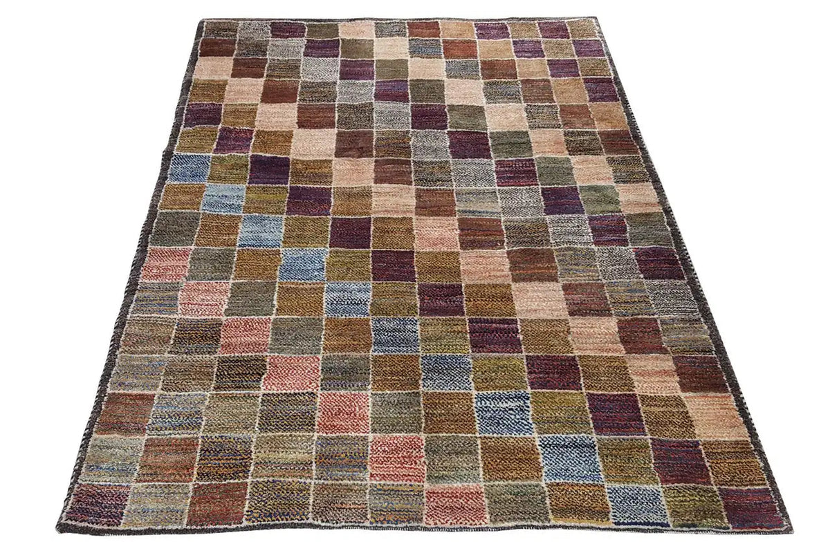 Gabbeh rug with a square patchwork pattern in multicolored tones, rectangular