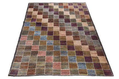 Gabbeh rug with a square patchwork pattern in multicolored tones, rectangular