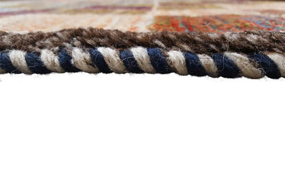 Gabbeh rug edge finish with braided fringe trim, multicolored