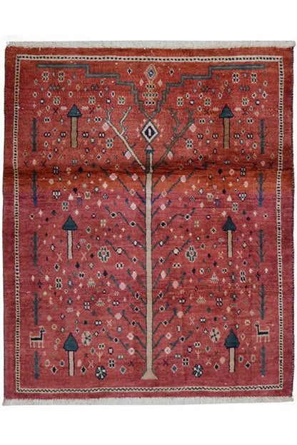 Reddish-brown Gabbeh rug with a tree motif and ornamental border, rectangular