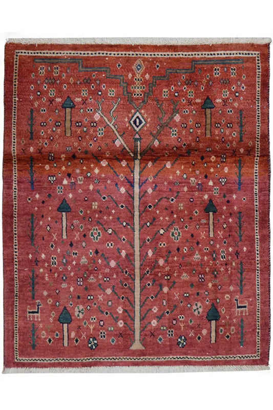 Reddish-brown Gabbeh rug with a tree motif and ornamental border, rectangular