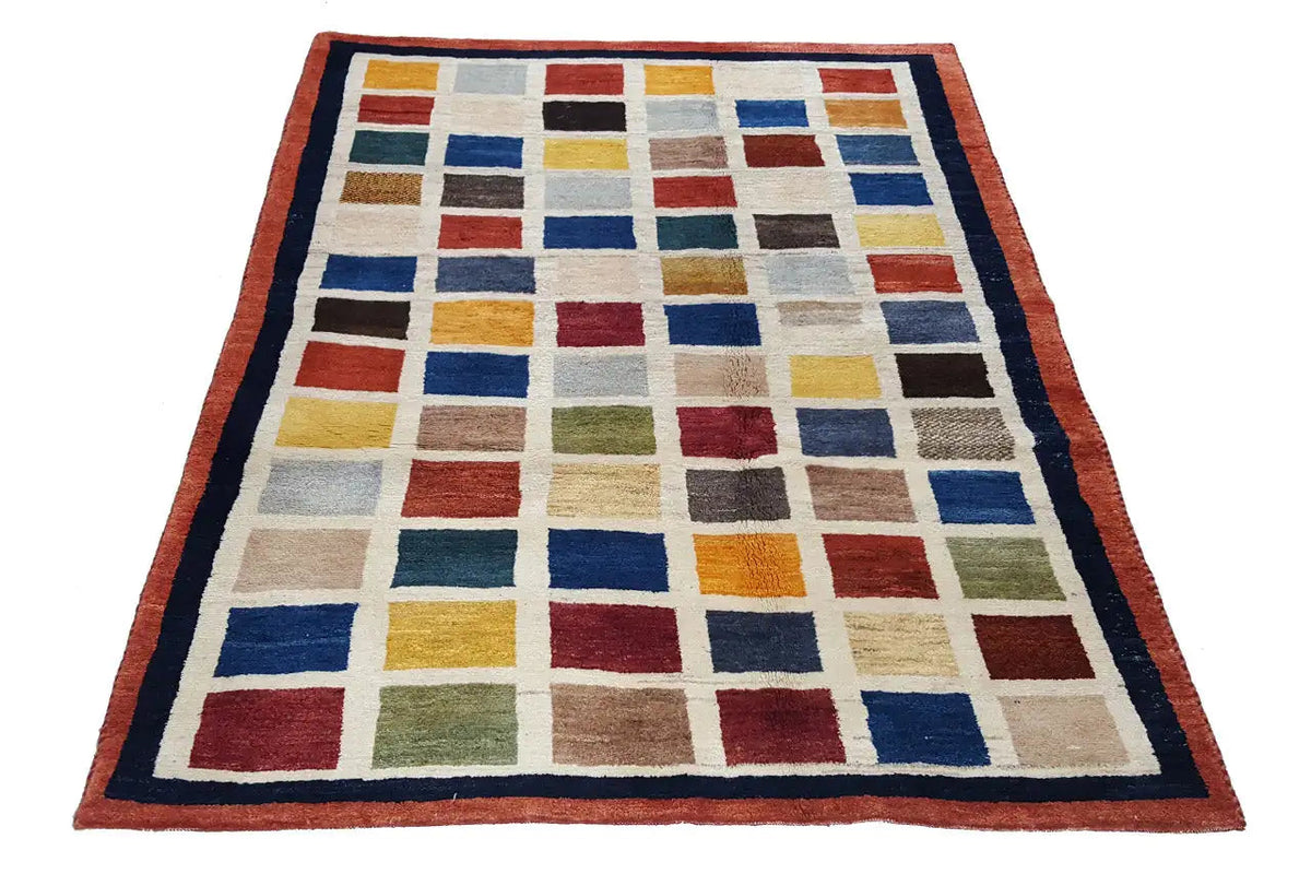 Gabbeh rug (185x135 cm) with a multicolored checkered block pattern and wide decorative border