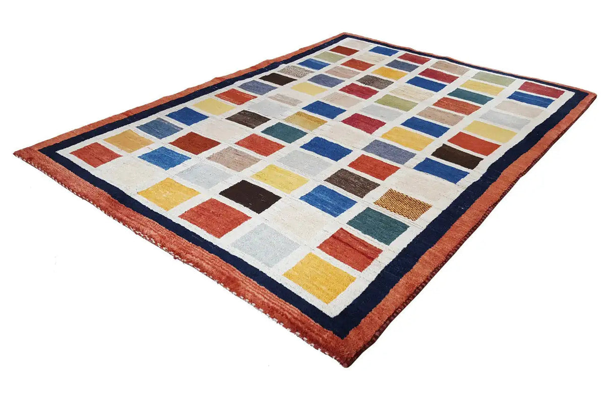Gabbeh rug (185x135 cm) with a square pattern of colorful quadrilaterals and decorative border