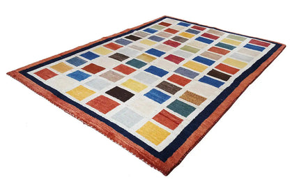 Gabbeh rug (185x135 cm) with a square pattern of colorful quadrilaterals and decorative border