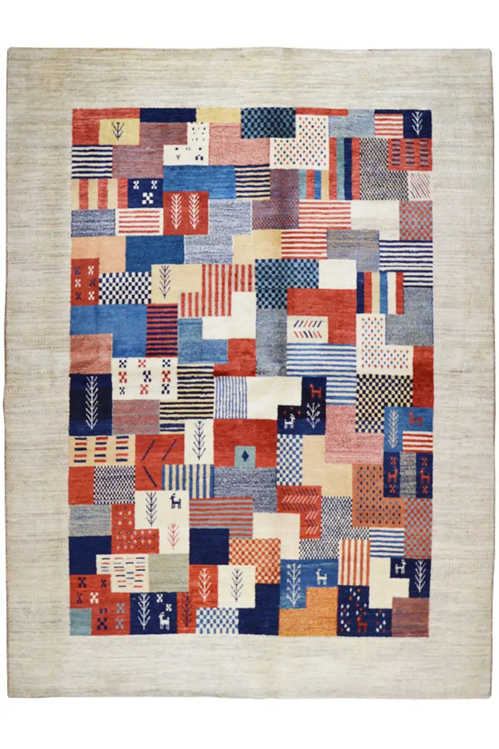 Gabbeh rug with patchwork design in red, blue, and beige, rectangular