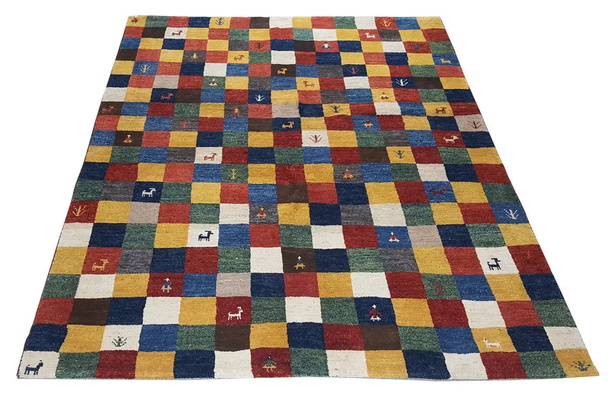 Gabbeh rug with colorful checkered patchwork, 197×155 cm, flat-woven