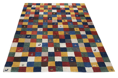 Gabbeh rug with colorful checkered patchwork, 197×155 cm, flat-woven