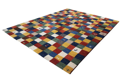 Gabbeh rug spread out square, colorful patchwork check pattern with small symbols
