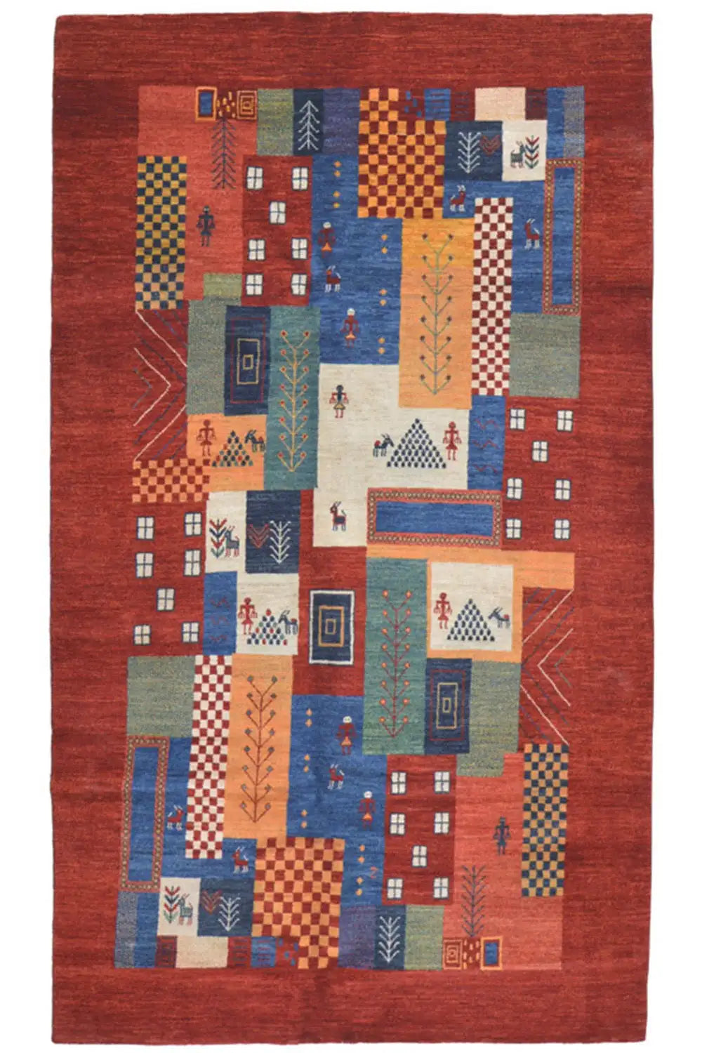 Gabbeh rug with a red base and multicolored patchwork patterns, rectangular