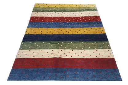 Gabbeh rug 200×148 cm with colorful stripes and a dotted pattern
