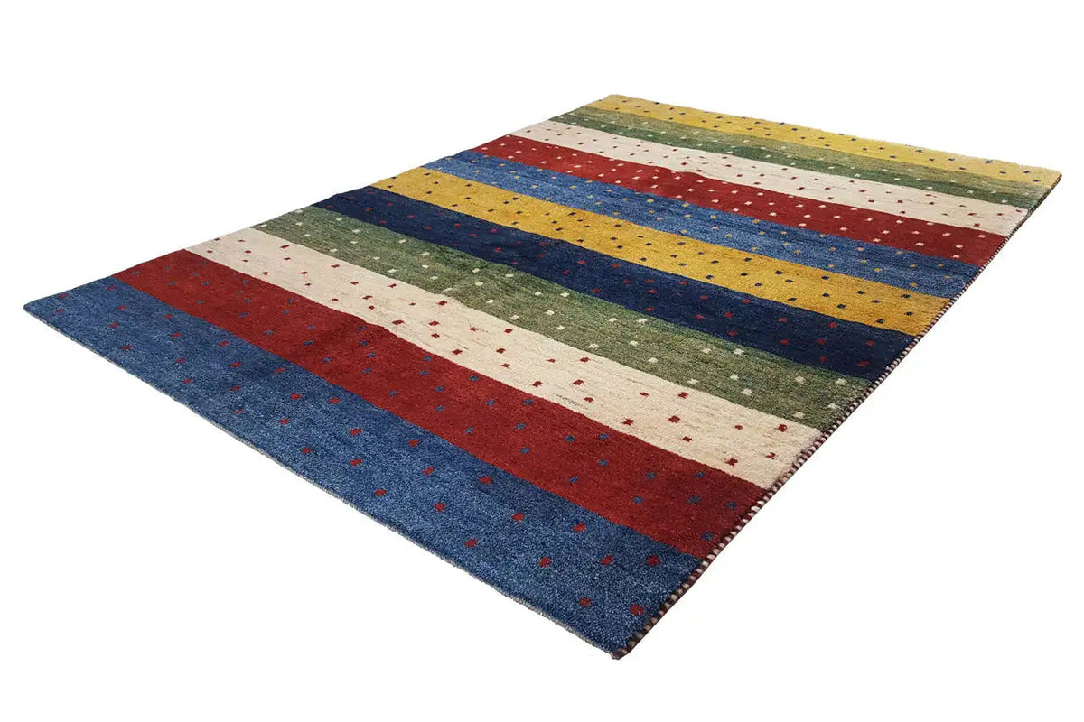 Gabbeh rug 200×148 cm, shown at an angle: multicolored horizontal stripes