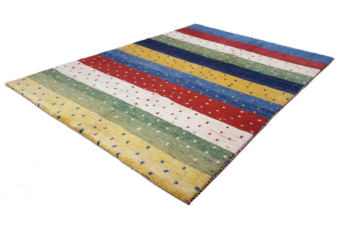 Gabbeh rug 200×148 cm, side view: striped pattern with small dots