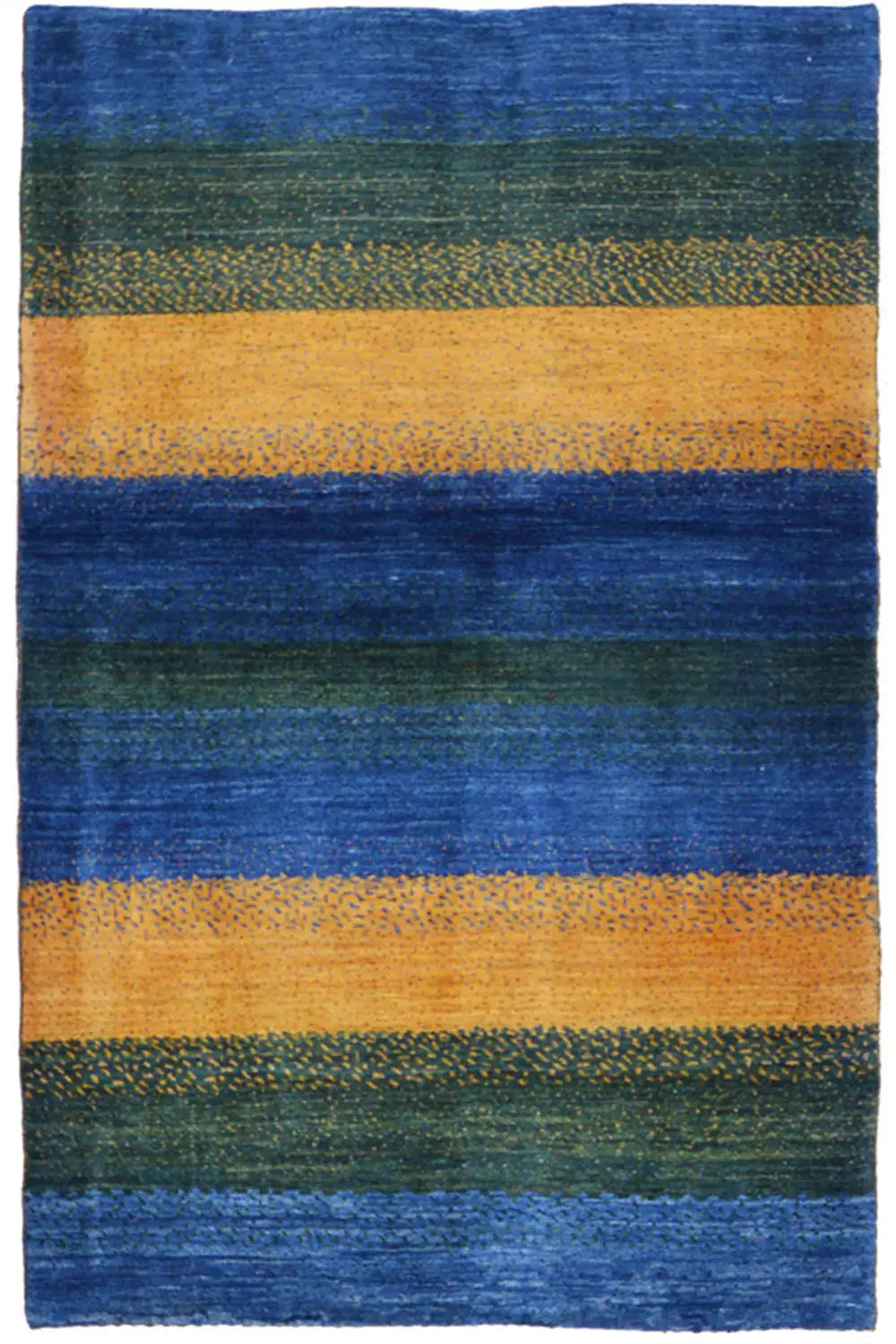 Gabbeh rug, rectangular, wide stripes in blue, green and ochre (148x96 cm)